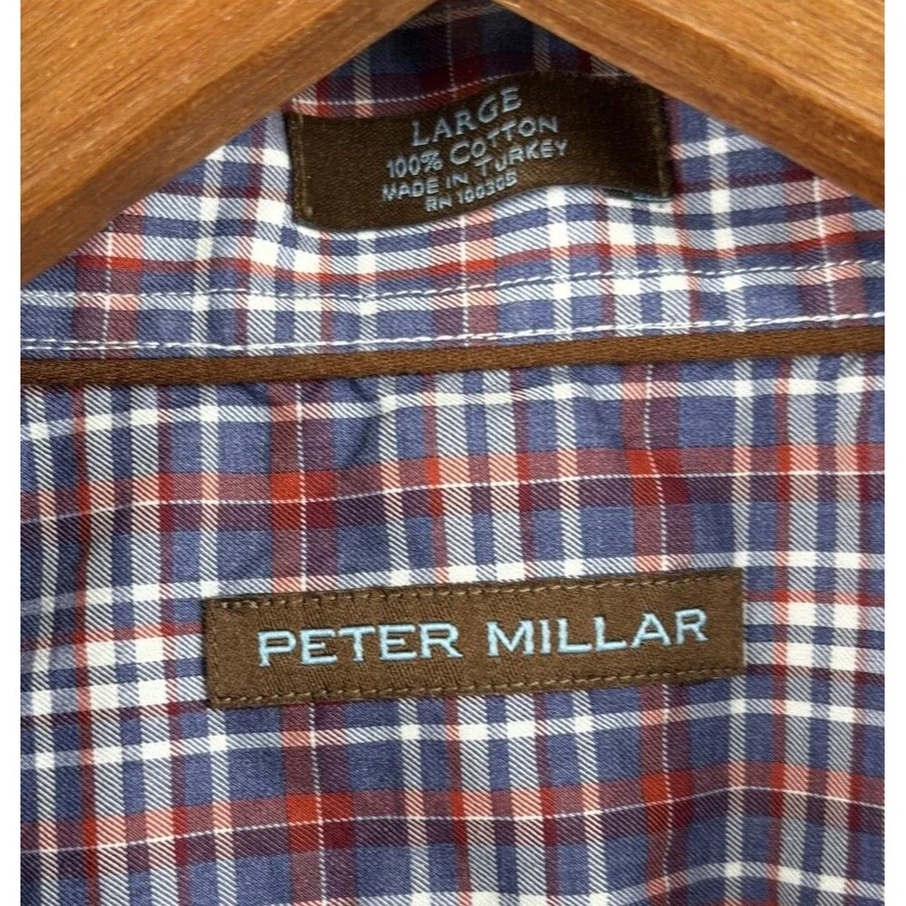 Peter Millar Button Up Shirt men’s Large blue Red White Plaid Long Sleeve Casual